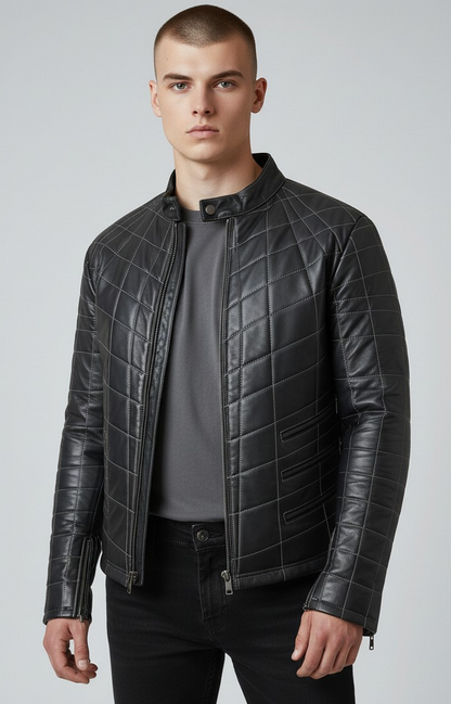 MEN'S REAL LAMB LEATHER JACKET SPIDER WEB QUILTED BIKERS JACKET