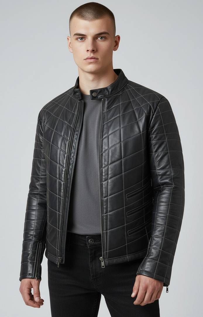 MEN'S REAL LAMB LEATHER JACKET SPIDER WEB QUILTED BIKERS JACKET