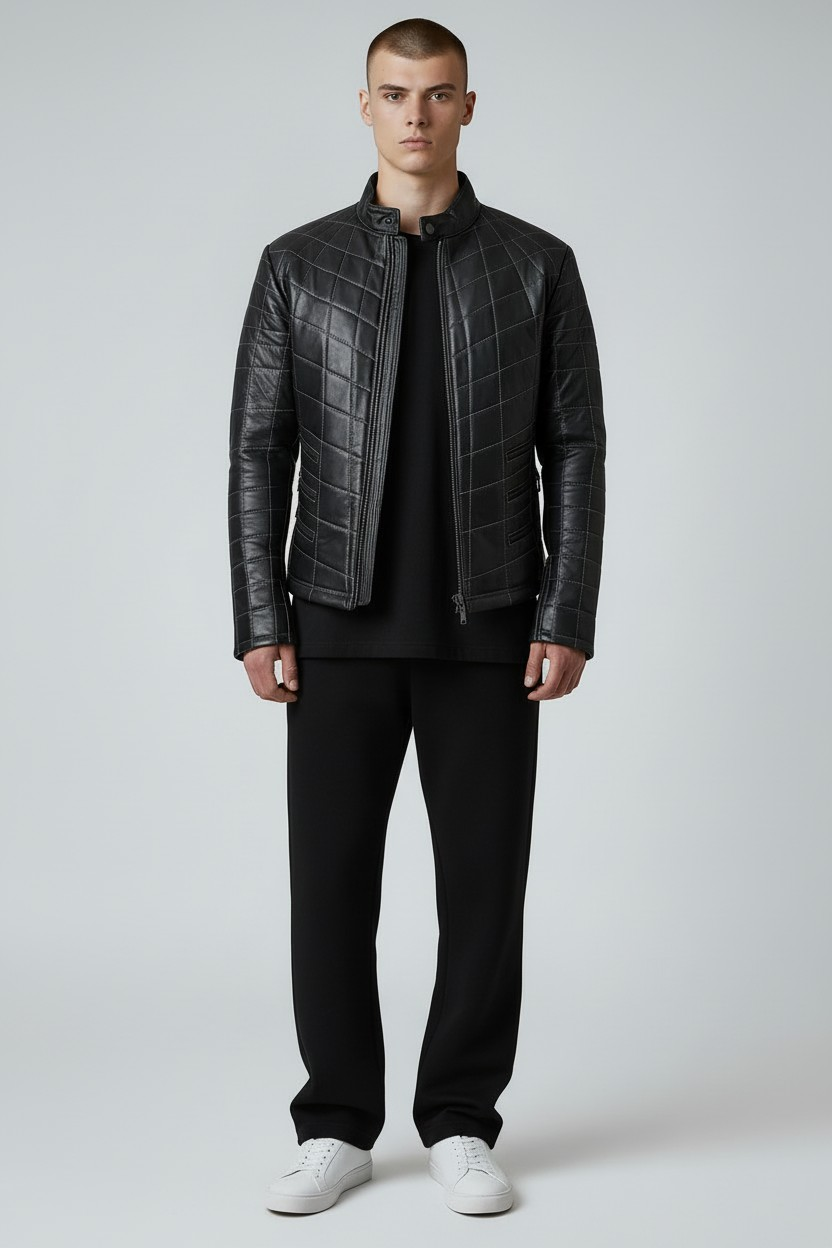 MEN'S REAL LAMB LEATHER JACKET SPIDER WEB QUILTED BIKERS JACKET