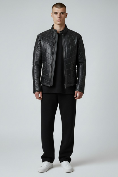 MEN'S REAL LAMB LEATHER JACKET SPIDER WEB QUILTED BIKERS JACKET