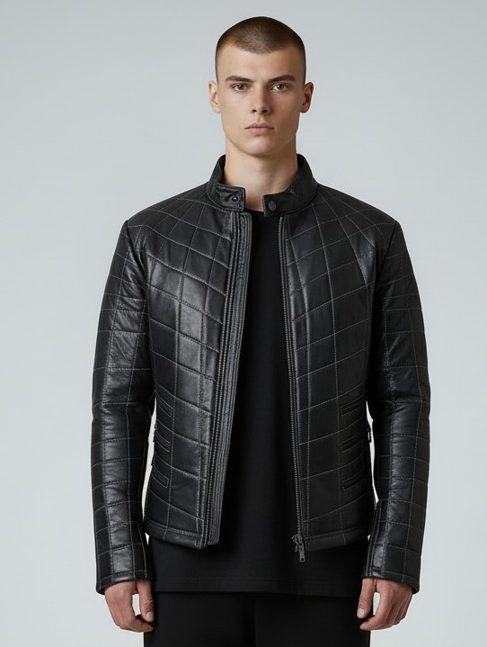 MEN'S REAL LAMB LEATHER JACKET SPIDER WEB QUILTED BIKERS JACKET