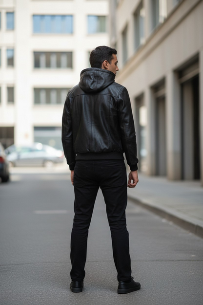 MEN'S REAL LAMB LEATHER JACKET WITH HOOD