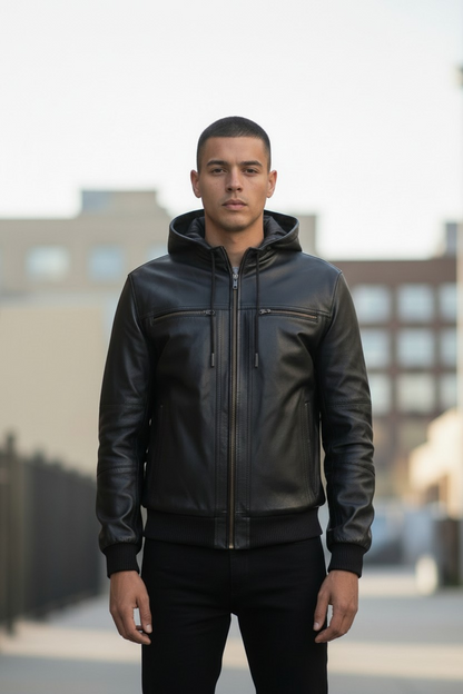 MEN'S REAL LAMB LEATHER JACKET WITH HOOD
