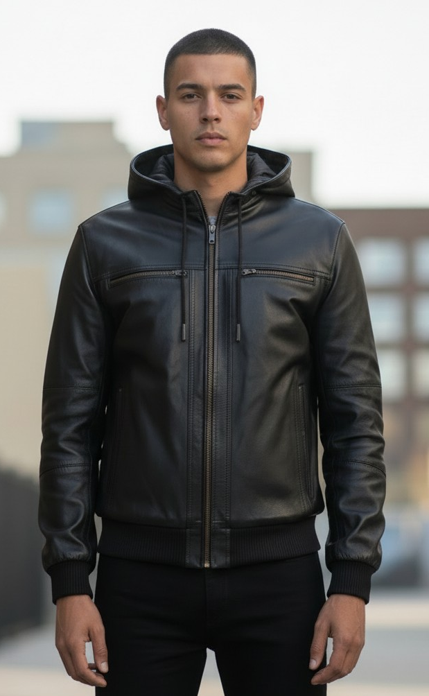 MEN'S REAL LAMB LEATHER JACKET WITH HOOD