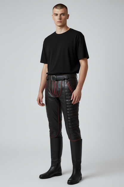 Men's Cowhide Bikers Pants With Quilted Panels & Piping Bikers Pants / Bikers Trousers