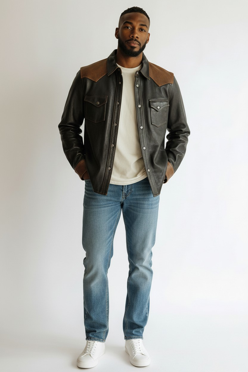 Men's Real Leather Full Sleeves Shirt Black With Brown Accent Leather Shirt