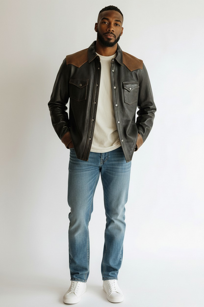 Men's Real Leather Full Sleeves Shirt Black With Brown Accent Leather Shirt