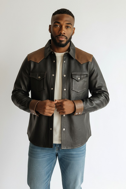 Men's Real Leather Full Sleeves Shirt Black With Brown Accent Leather Shirt