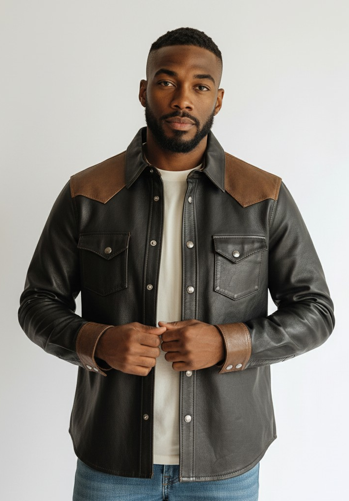 Men's Real Leather Full Sleeves Shirt Black With Brown Accent Leather Shirt