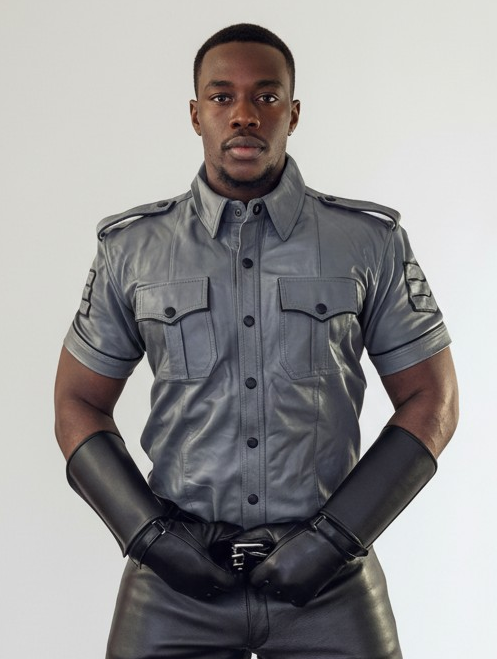 Men’s Real Leather Police Uniform Leather Shirt Grey Color Short Sleeve Shirt With Black Piping