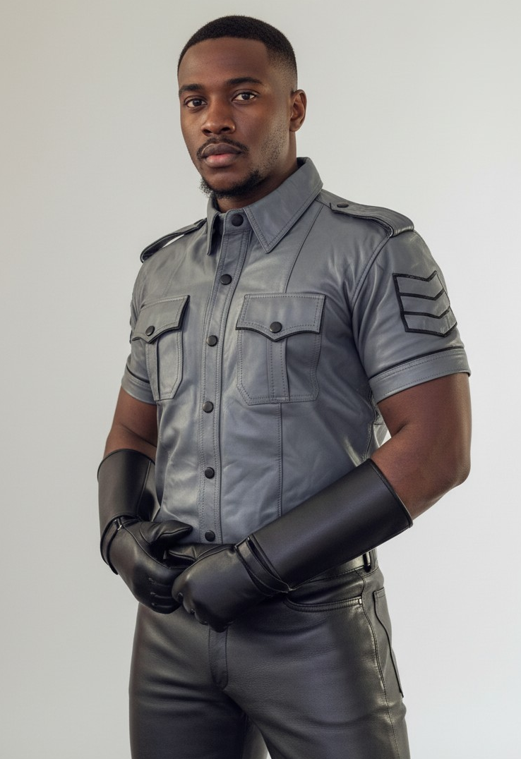 Men’s Real Leather Police Uniform Leather Shirt Grey Color Short Sleeve Shirt With Black Piping