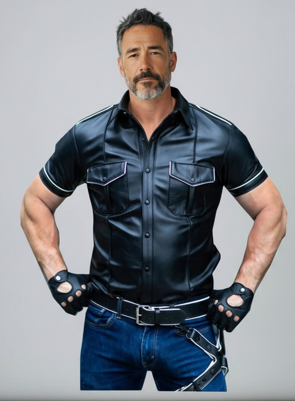 Men’s Real Lamb Leather Police Uniform Shirt Short Sleeves Shirt With White Piping