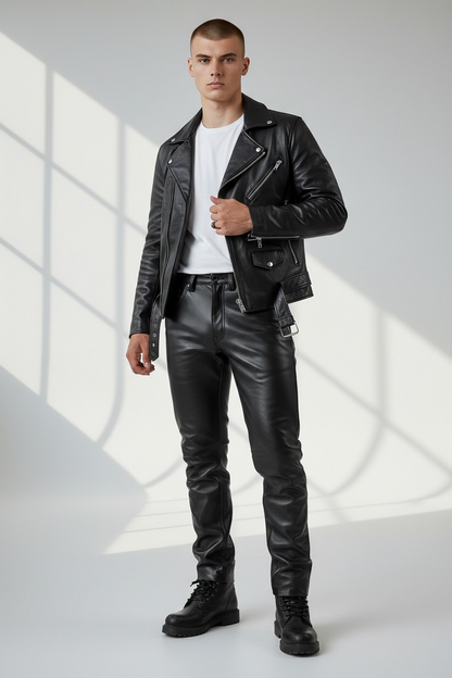 Men's Real Leather Bikers Pants 5 Pockets Pants 501 Levi's Style Leather Jeans Pants