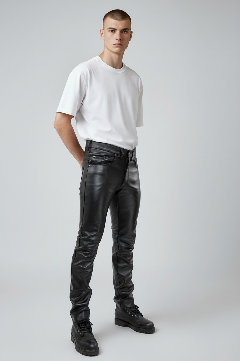 Men's Real Leather Bikers Pants 5 Pockets Pants 501 Levi's Style Leather Jeans Pants