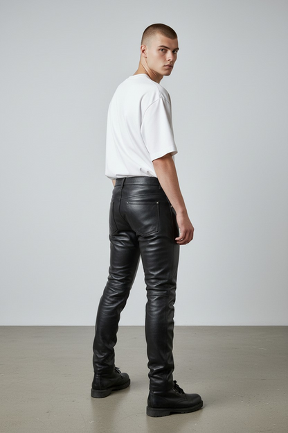Men's Real Leather Bikers Pants 5 Pockets Pants 501 Levi's Style Leather Jeans Pants