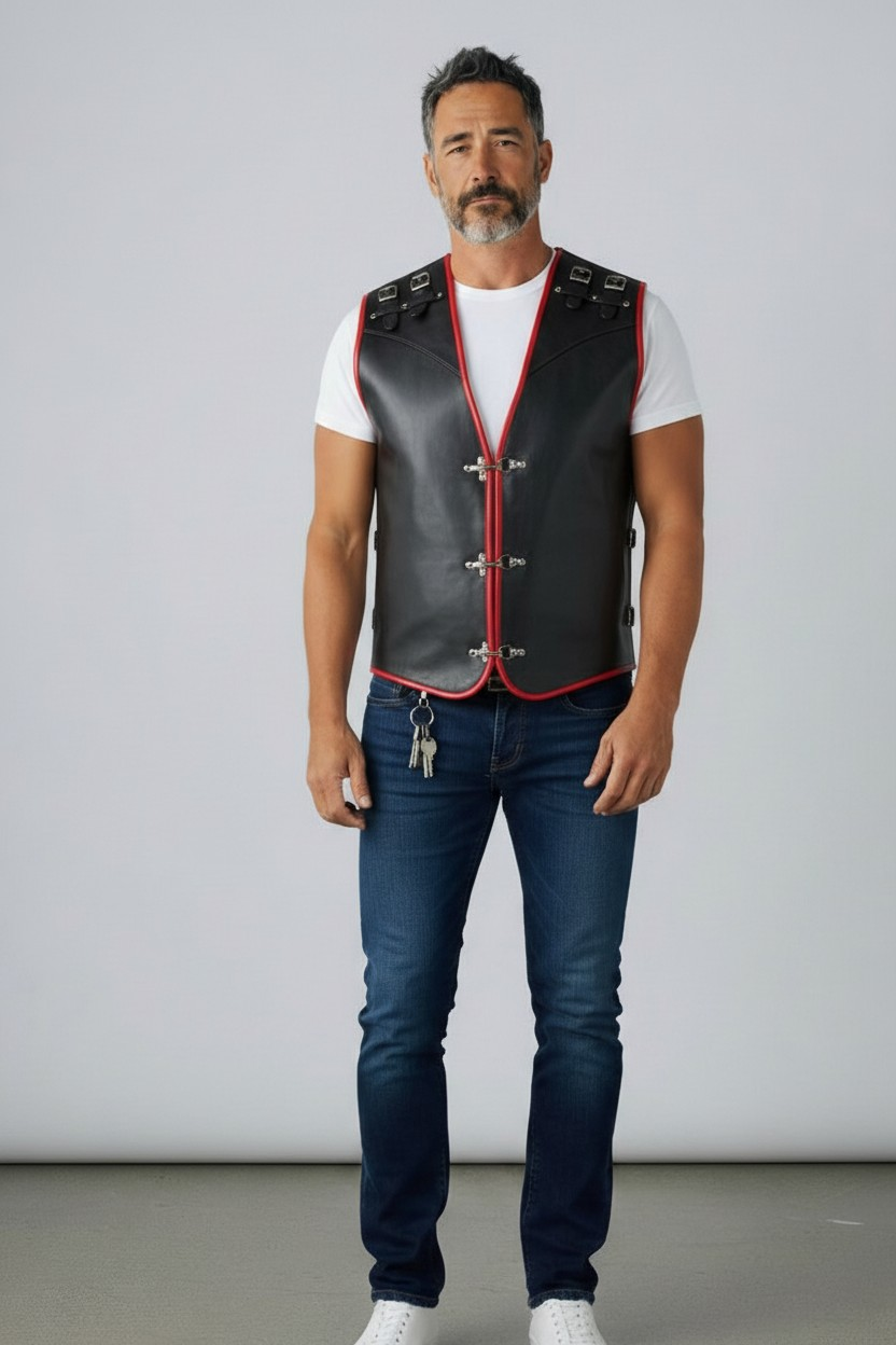 Men’s Real Cowhide Leather Bikers Vest Thick Leather Buckle Closure Bikers Vest with Red Piping