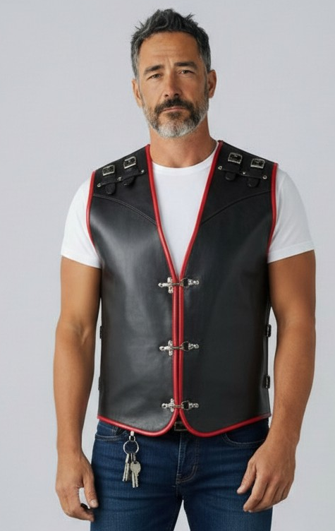 Men’s Real Cowhide Leather Bikers Vest Thick Leather Buckle Closure Bikers Vest with Red Piping