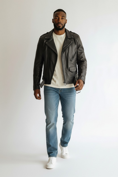 Men's Real Cowhide Vintage Leather Bikers Jacket With Quilted Panels