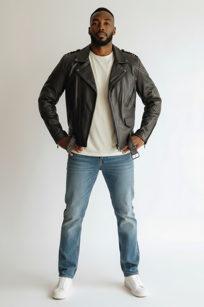 Men's Real Cowhide Vintage Leather Bikers Jacket With Quilted Panels