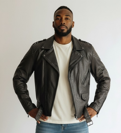 Men's Real Cowhide Vintage Leather Bikers Jacket With Quilted Panels