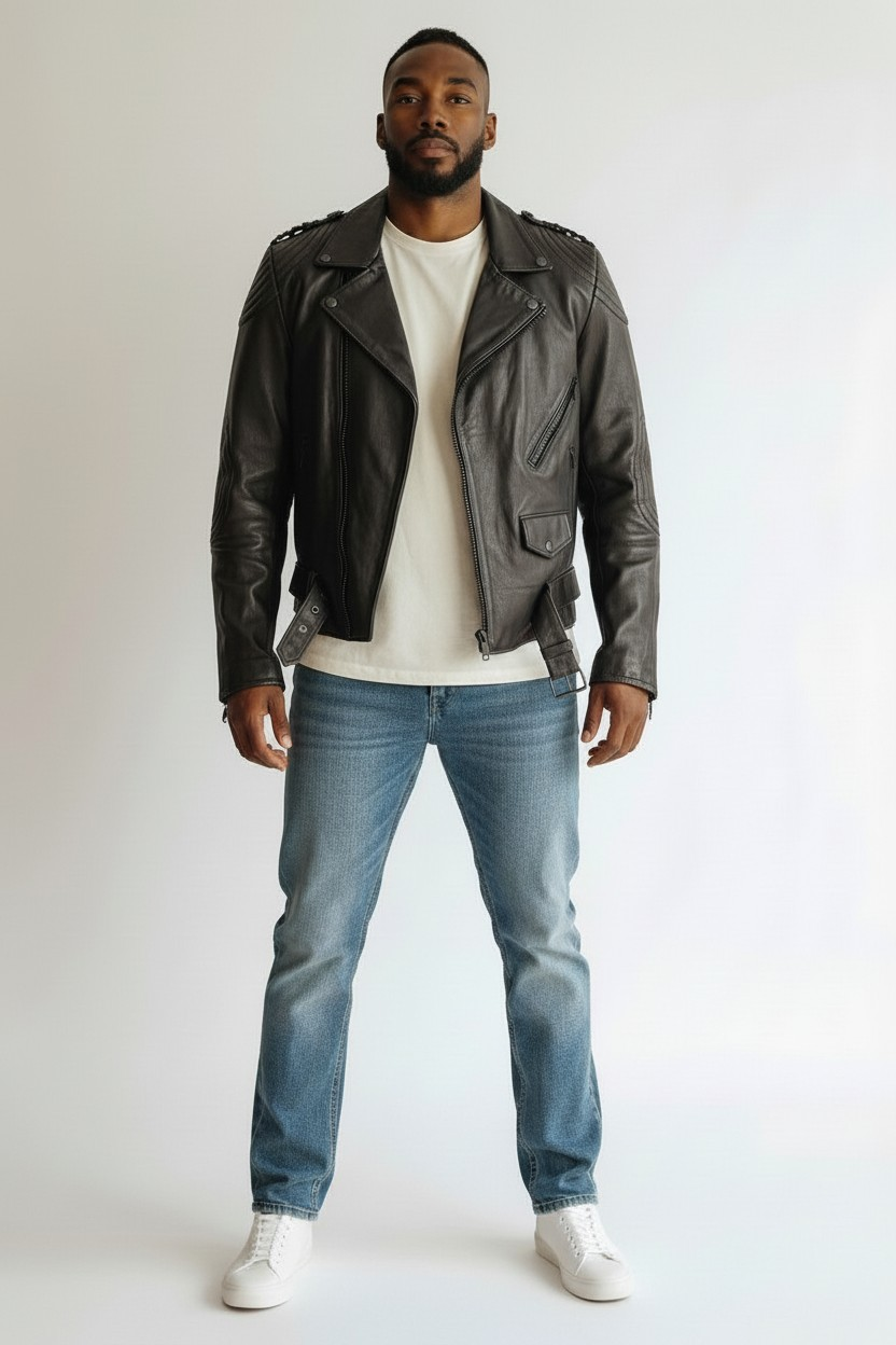 Men's Real Cowhide Vintage Leather Bikers Jacket With Quilted Panels
