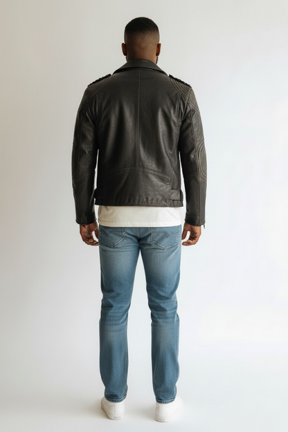 Men's Real Cowhide Vintage Leather Bikers Jacket With Quilted Panels