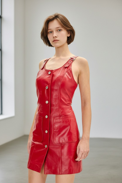 Women's Genuine Lamb Leather Button-Front Mini Dress