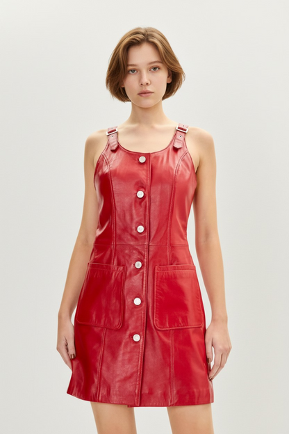 Women's Genuine Lamb Leather Button-Front Mini Dress