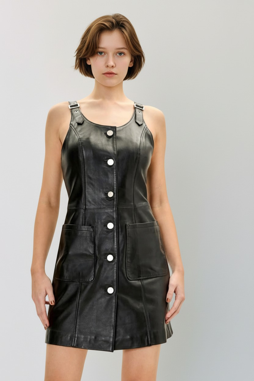 Women's Genuine Lamb Leather Button-Front Mini Dress