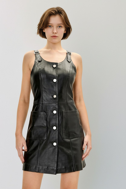 Women's Genuine Lamb Leather Button-Front Mini Dress