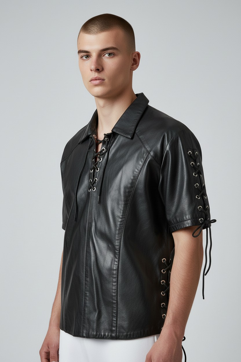 Men's Real Lamb Leather Shirt Laces Up Front,Sleeves & Slits Shirt In 7 Colors