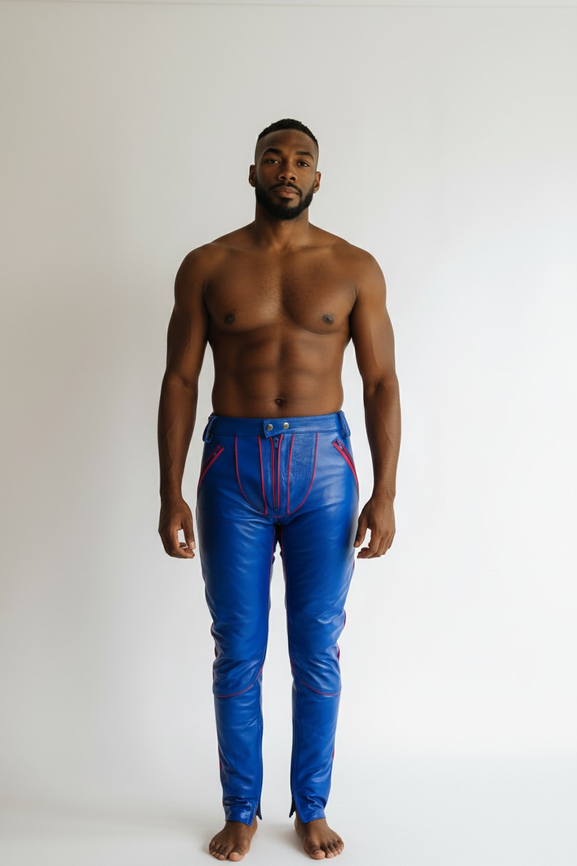 Men’s Real Leather Bikers Pants in Blue Color with Red Piping BLUF Pants
