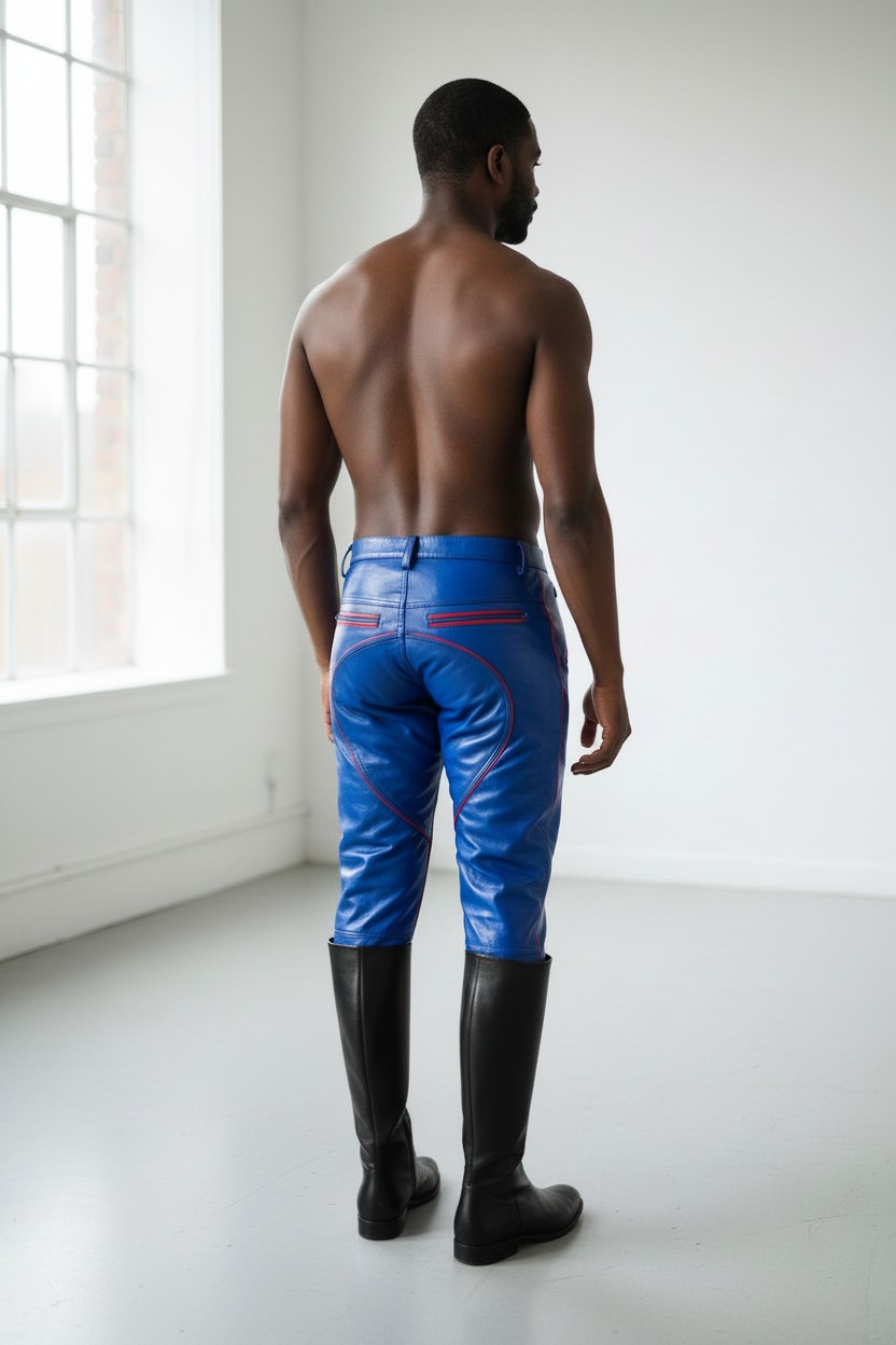 Men’s Real Leather Bikers Pants in Blue Color with Red Piping BLUF Pants