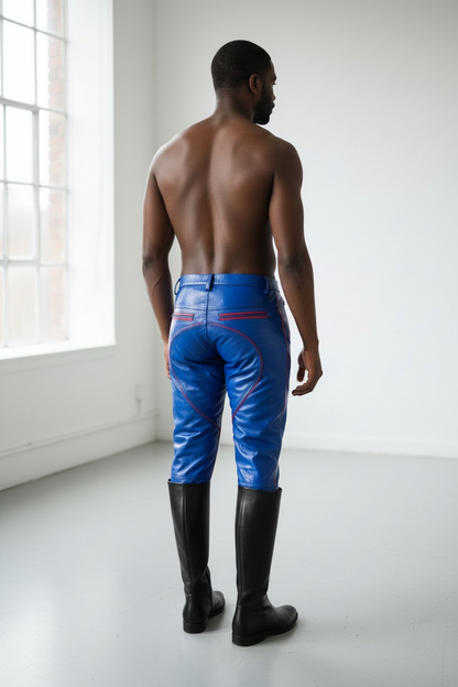 Men’s Real Leather Bikers Pants in Blue Color with Red Piping BLUF Pants