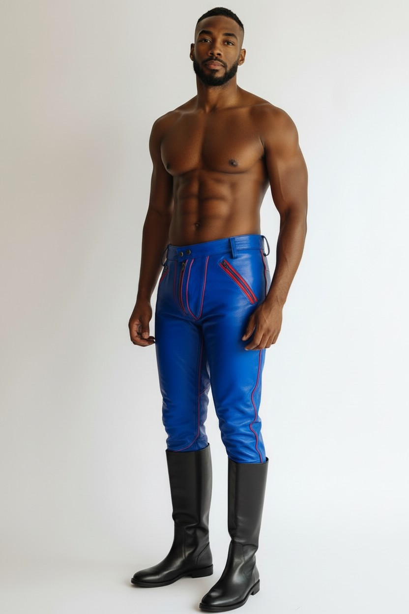 Men’s Real Leather Bikers Pants in Blue Color with Red Piping BLUF Pants