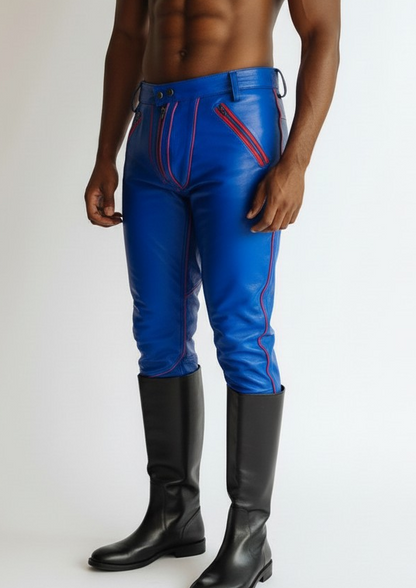 Men’s Real Leather Bikers Pants in Blue Color with Red Piping BLUF Pants