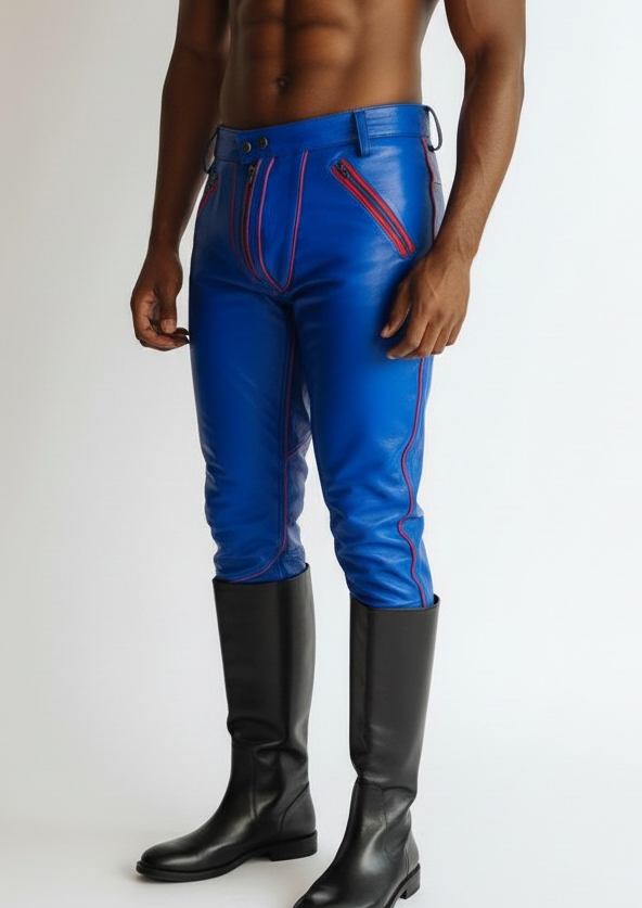 Men’s Real Leather Bikers Pants in Blue Color with Red Piping BLUF Pants