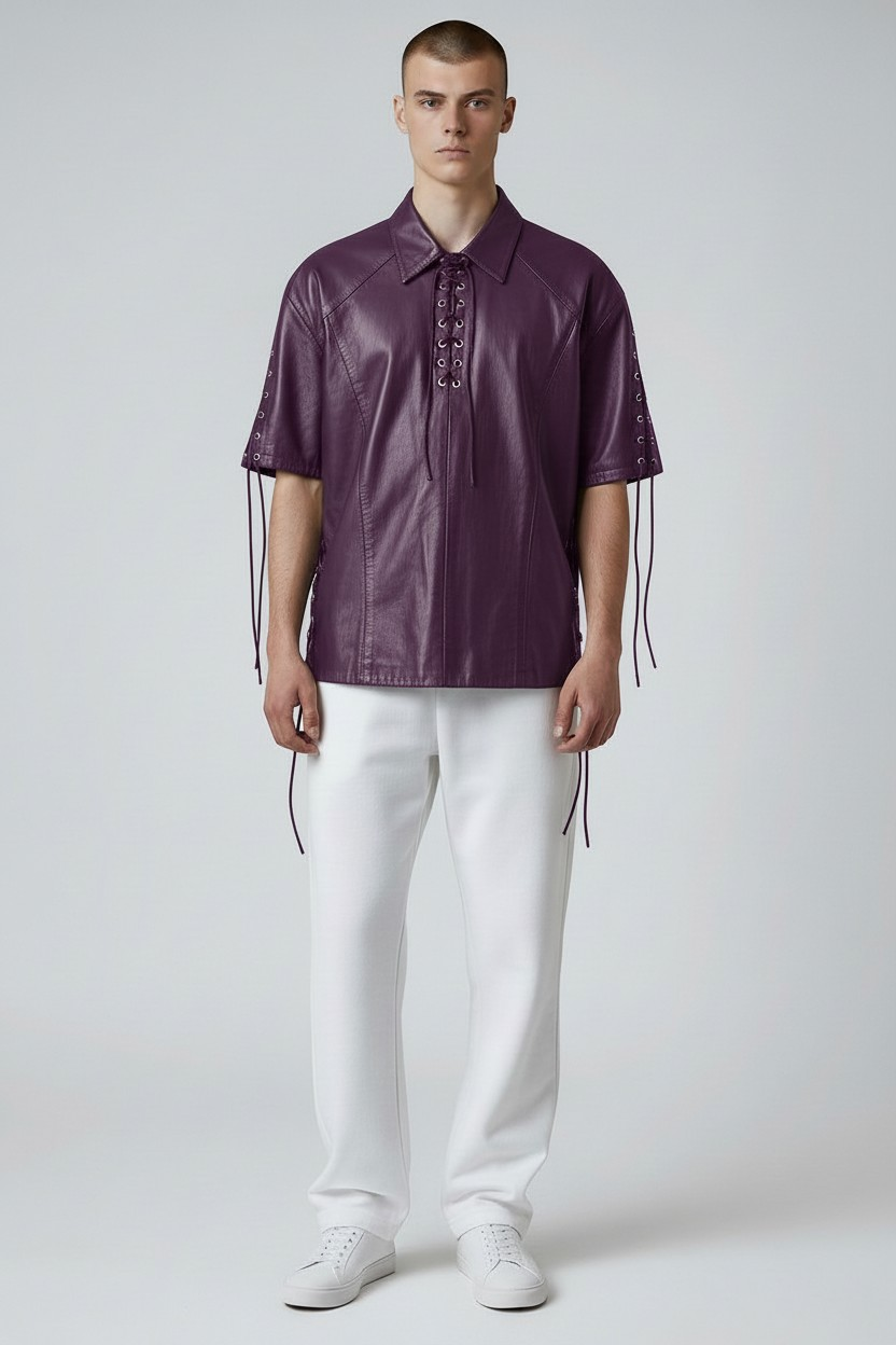 Men's Real Lamb Leather Shirt Laces Up Front,Sleeves & Slits Shirt In 7 Colors