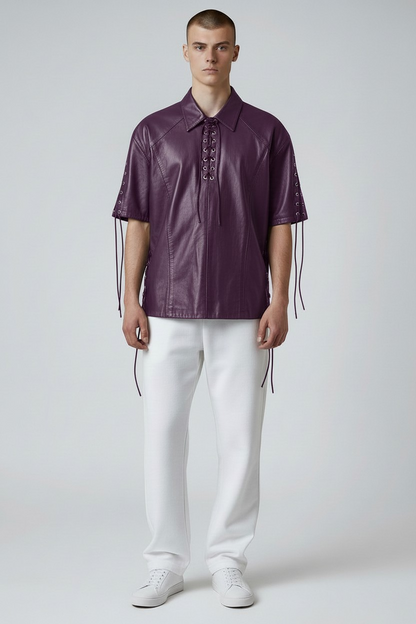 Men's Real Lamb Leather Shirt Laces Up Front,Sleeves & Slits Shirt In 7 Colors