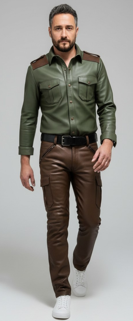 Men's Real Leather Full Sleeves Shirt Green With Brown Accent Leather Shirt