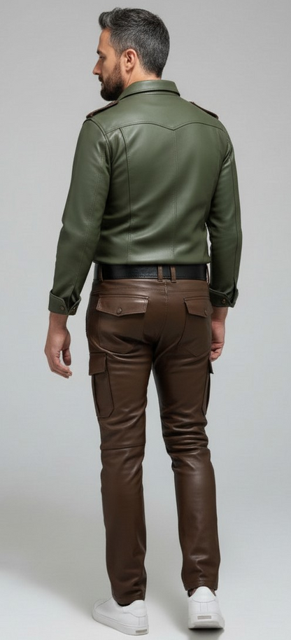 Men's Real Leather Full Sleeves Shirt Green With Brown Accent Leather Shirt