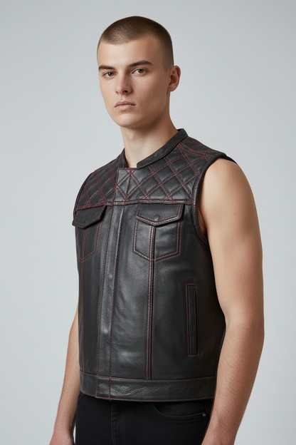 MEN'S REAL COW LEATHER BLACK MOTORCYCLE VEST IN 4 DIFFERENT COLORS STITCHING COMBINATION  BIKER VEST WAISTCOAT