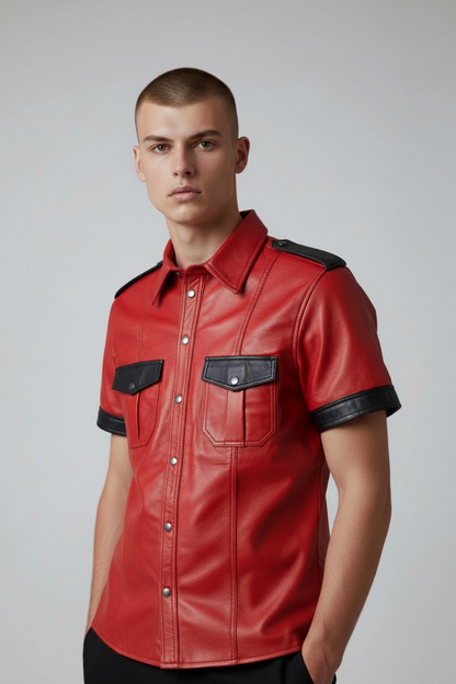 Men’s Lamb Leather Police Shirt Contrast Trims Short Sleeve Bluf Police Shirt