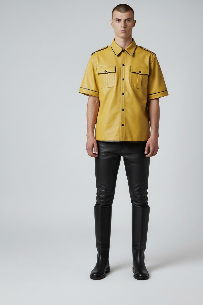 Men’s Real Lamb Leather Yellow Police Uniform Short Sleeves Shirt with Black Piping