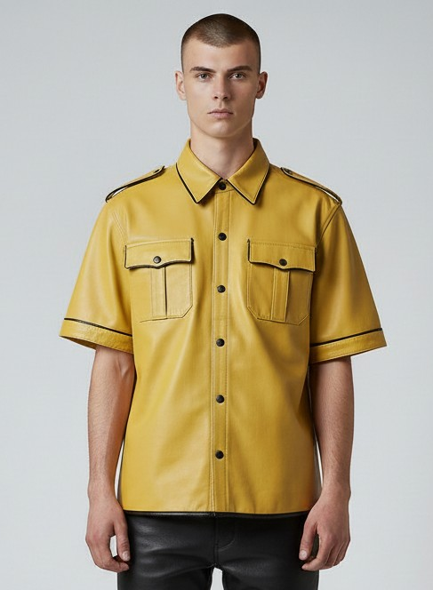 Men’s Real Lamb Leather Yellow Police Uniform Short Sleeves Shirt with Black Piping