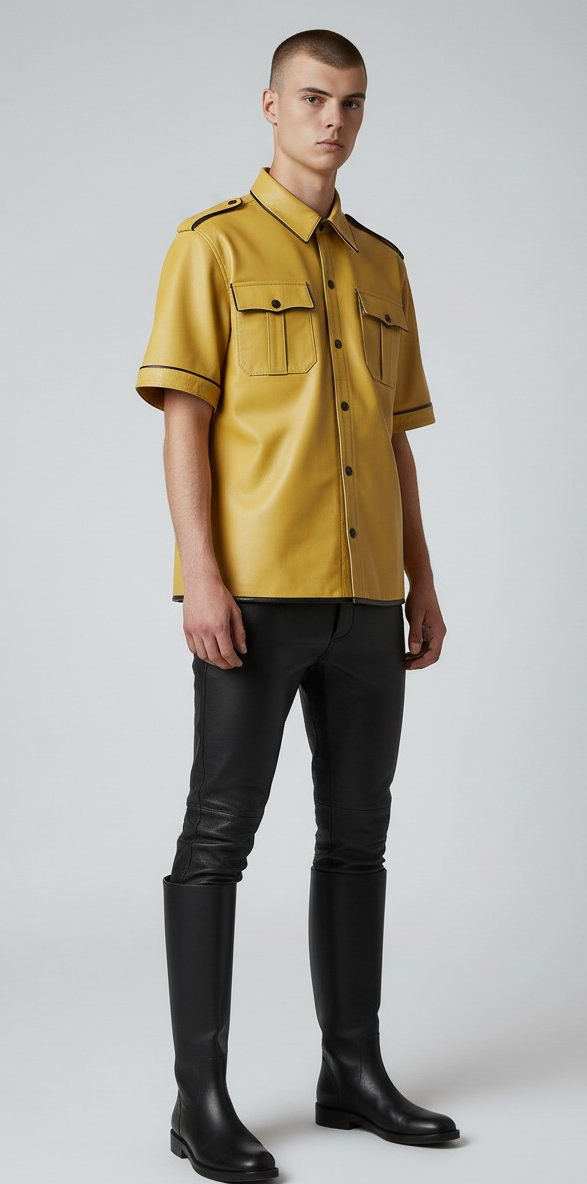 Men’s Real Lamb Leather Yellow Police Uniform Short Sleeves Shirt with Black Piping