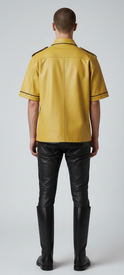 Men’s Real Lamb Leather Yellow Police Uniform Short Sleeves Shirt with Black Piping