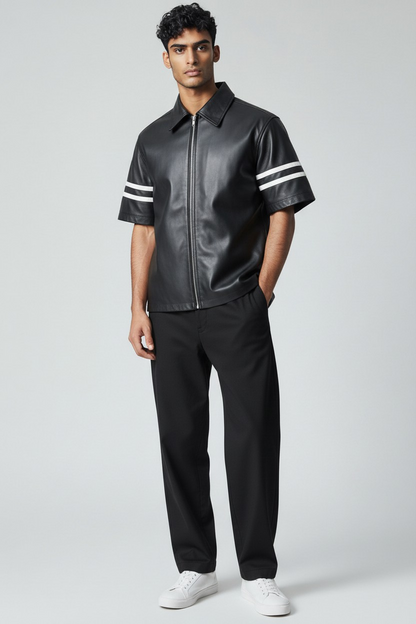 MEN'S REAL LEATHER SHORT SLEEVES ZIP UP FRONT WITH WHITE STRIPES AT SLEEVES SHIRT