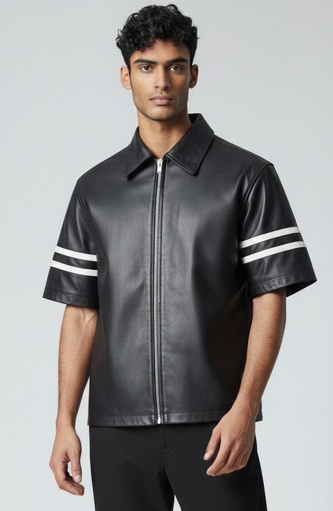 MEN'S REAL LEATHER SHORT SLEEVES ZIP UP FRONT WITH WHITE STRIPES AT SLEEVES SHIRT