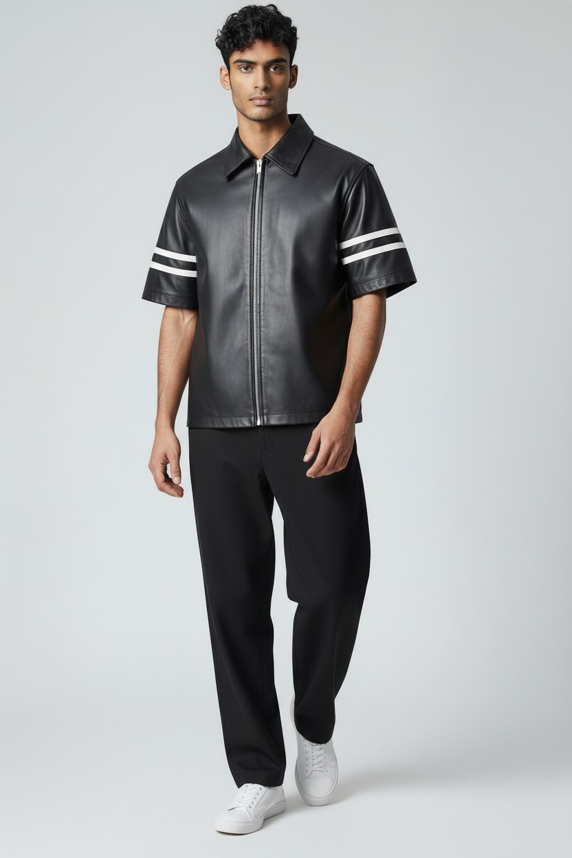 MEN'S REAL LEATHER SHORT SLEEVES ZIP UP FRONT WITH WHITE STRIPES AT SLEEVES SHIRT